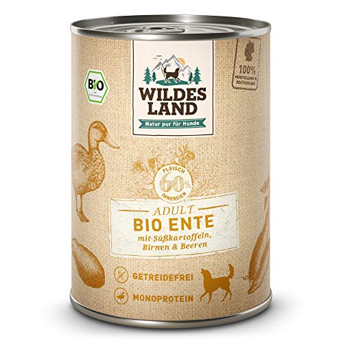 Wildes Land - Nassfutter für Hunde - Bio Ente - 12 x 400 g - Getreidefrei - Extra hoher Fleischanteil von 60% - 100% zertifizierte Bio-Zutaten - Beste Akzeptanz und Verträglichkeit von WILDES LAND