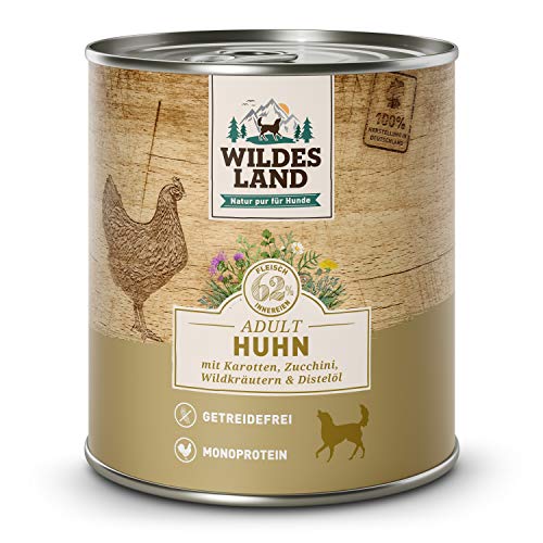 Wildes Land - Nassfutter für Hunde - Nr. 2 Huhn - 6 x 800 g - mit Karotten, Zucchini, Wildkräutern & Distelöl - Glutenfrei - Extra viel Fleisch - Beste Akzeptanz und Verträglichkeit von WILDES LAND