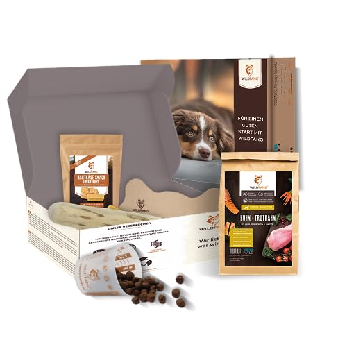 Wildfang® Paket Willkommen Fellnase für Welpen - große Hunde, Starterset für Welpen, Welpenboxen, getreidefreies Trockenfutter Hunde & Messbecher, Lederknochen, Kaffeeholzkauhoz, Hartkäse Probierset von Wildfang