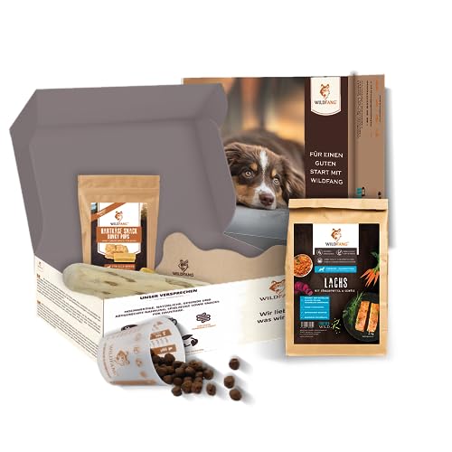 Wildfang® Paket Willkommen Puppy für große Hunde, Welpen, Starterset für Welpen, Welpenbox, getreidefreies Trockenfutter für Hunde, Yak-Cheese, Lederknochen für Hunde, Kaffeeholz Kaustab, von Wildfang