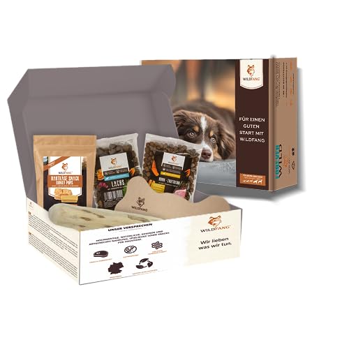 Wildfang® Paket Willkommen Wegbegleiter - kleine Hunde| Welpe |Starterset für Welpen, Welpenbox, getreidefreie Proben Trockenfutter, Lederknochen, Hartkäse Probierset, Kaffeeholz Kaustab von Wildfang