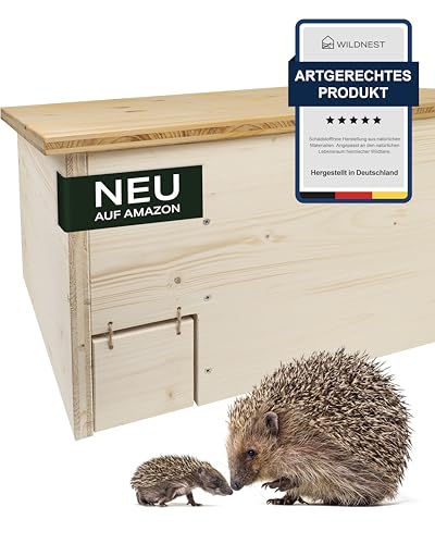 Wildnest Igelhaus mit Rattenklappe XXL - Igelfutterhaus Outdoor für Igel, Deutsche Herstellung durch Lebenshilfe (58 x 42 x 32 cm) von Wildnest