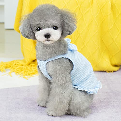 Wilitto Bequemes weiches Haustierkleid, Welpen-Hunde-Schleifenkleid, ärmellos, kariert, Haustier-Hunde-Shirt, niedliche Hundekleidung, quadratischer Ausschnitt, Haustier-Shirt, atmungsaktive Haustier-Bekleidung für kleine Katzen und Hunde, blau, M von Wilitto