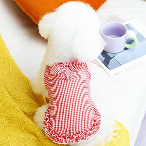 Wilitto Bequemes weiches Haustierkleid, Welpen-Hunde-Schleifenkleid, ärmellos, kariert, Haustier-Hunde-Shirt, niedliche Hundekleidung, quadratischer Ausschnitt, Haustier-Shirt, atmungsaktive Haustier-Bekleidung für kleine Katzen und Hunde, Rot, XL von Wilitto