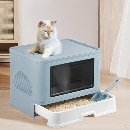 Geschlossene Katzentoilette mit abnehmbarem Tablett zur Reinigung, Katzentoilette mit Schaufel, 48,5 x 36,5 x 38 cm, Blau Geschlossene Katzentoilette mit abnehmbarem Tablett zur Reinigung, Katzentoilette mit Schaufel, 48,5 x 36,5 x 38 cm, Blau von Willonin