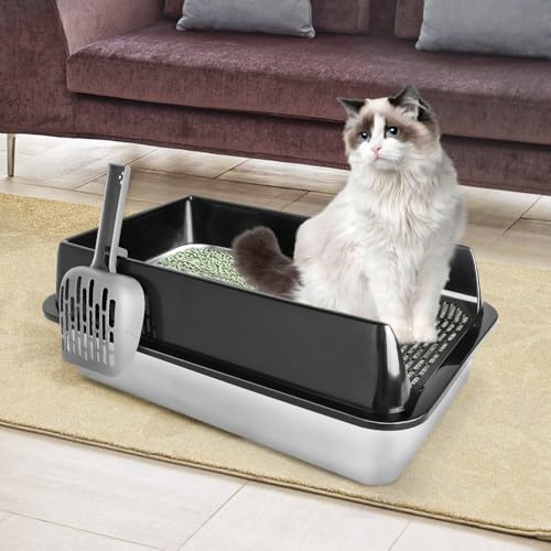 Große Katzentoilette aus Edelstahl für Katzen, mit Schaufel für Katzentoilette, Metall, leicht zu reinigen, 60 x 40 x 30 cm, Schwarz Große Katzentoilette aus Edelstahl für Katzen, mit Schaufel für Katzentoilette, Metall, leicht zu reinigen, 60 x 40 x 30 cm, Schwarz von Willonin