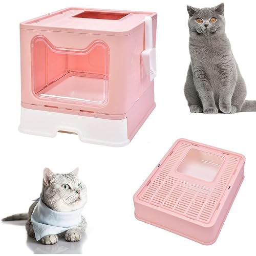 Vollständig Geschlossene Katzentoilette mit Deckel Schubladentyp Desodorierende Cat Litter Box Gross Faltbare Katzen klo,XXL (Rosa, XXL) von Willonin