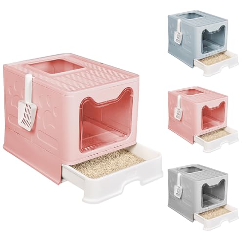 Vollständig Geschlossene Katzentoilette mit Deckel Schubladentyp Desodorierende Cat Litter Box Gross Faltbare Katzen klo mit Haustier-Kunststoffschaufel Geeignet (Rosa, 51 * 41 * 38cm) von Willonin