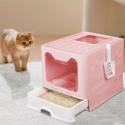 Willonin Katzentoilette für Katzen, faltbar, mit Deckel, einziehbare Platte, Platz für Katzen bis 15 kg, weniger Spuren, mit Streuschaufel, 51 x 41 x 38 cm (Rosa) von Willonin