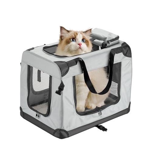 Fudajo Faltbare Transportbox für Hunde, Katzen M (60x42x44cm), robust, leicht, sicher, Hundebox mit Tragegriff und Decke, Grau von Fudajo