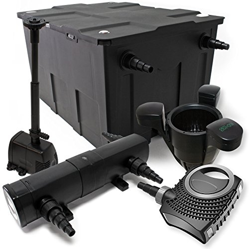 Wiltec Komplettset: CBF-550 Teichfilter bis 60000 L Teichfilteranlage, NEO10000 Teichpumpe 10000l/h 80W, CUV-224 Teichklärer 24W, SK-40 Skimmer 3000l/h 60W, HJ-943 Springbrunnen 800l/h 16W von Wiltec