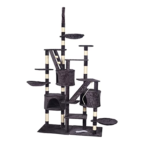 Wiltec Kratzbaum deckenhoch 230-260 cm in Grau, Katzenkratzbaum mit 3 Katzenhäusern und 2 Leitern, Katzenmöbel mit Liegemulden, Katzenbaum mit Sisal von Wiltec