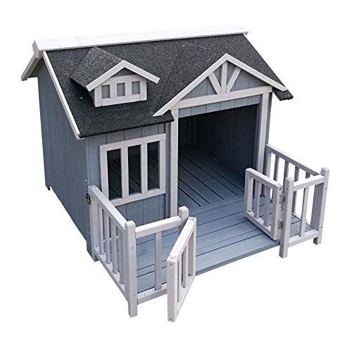 Wiltec Luxus XL Hundehütte 93,5 x 77,5 x 70 cm, grau weiß, Hundehaus aus Holz mit Veranda, Hundehöhle Outdoor für Balkon Garten Terrasse von Wiltec