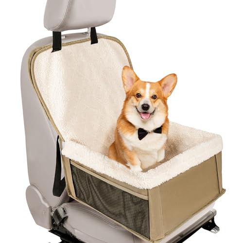 Winbate Hunde-Autositz für Hunde und Katzen unter 13,6 kg, waschbar, abnehmbar, Fleece, gemütlich, Sicherheitserhöhung, Vorder- und Rücksitz mit Aufbewahrungstasche, Beige von Winbate