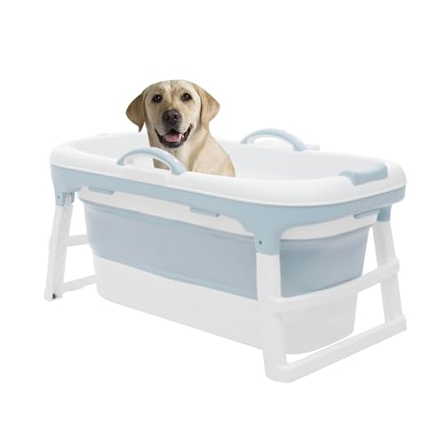 WindWilder Hundebadewanne mit Drainagerohr, Badewanne zum Waschen und Pflegen von Hunden/Katze/Haustier, Tragbar Faltbare Haustierbadewanne, 150kg/330.6 Tragfähigkeit, 120x62x54cm, Blau+Weiß von WindWilder