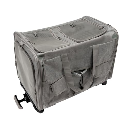 WindWilder Katzen Transporttasche für 2 Katzen mit Rollen 60x38x41cm mit Teleskop-Zugstange 17.5KG Tragfähigkeit Katzen Transport Tasche, Belüftetes Design, für Reisen Spaziergänge Camping (Grau) von WindWilder