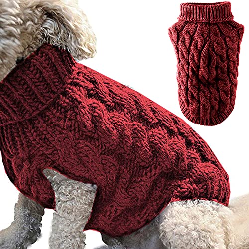 Hunde-Rollkragen-Strickpullover, Mantel, Winterwärmer, dicker Pullover, für kleine, mittelgroße und große Hunde, Welpen, Katzen, Größe M, Rot von Winmany