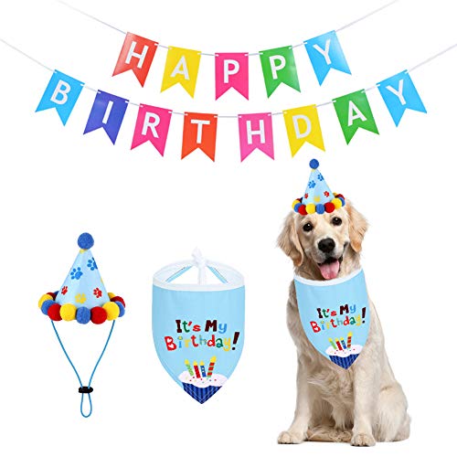 Winterworm 3 Stück Hunde Party Supplies Hund Geburtstag Bandana mit Happy Birthday Banner und Doggie Birthday Party Hut für Welpen Geburtstag Dekoration (Mehrfarbig) von Winterworm