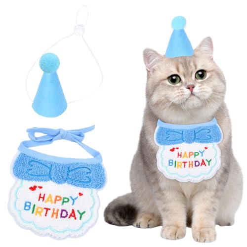 Wisebom 2 Stücke Hunde Geburtstagshut, Haustier Katze Hund Happy Birthday Lätzchen, Katzen Geburtstag Deko, Hund Geburtstag Set, Haustier Kostüme Kopfbedeckung Zubehör (Blau) von Wisebom