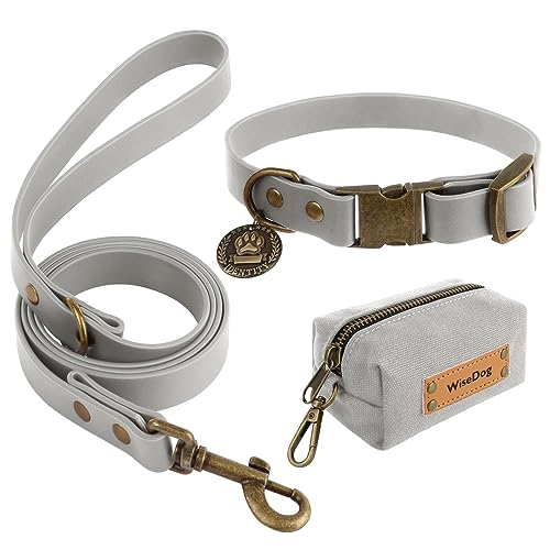 Wisedog Hundehalsband und Leine Set Combo: Einstellbare langlebige Haustier Halsbänder mit Hundeleinen für kleine mittlere große Hunde, enthält einen Bonus von Poop Bag Holder (M, Grau) von Wisedog