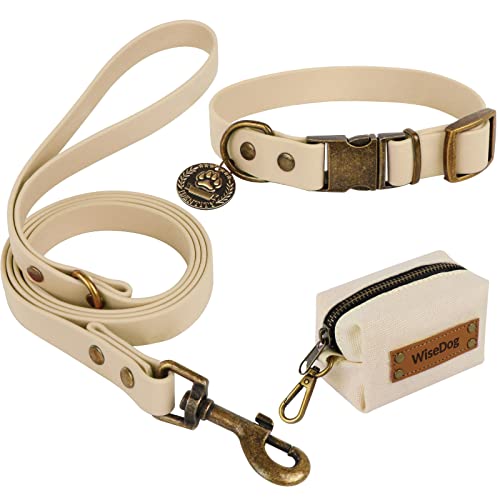 Wisedog Hundehalsband und Leine Set Combo: Einstellbare langlebige Haustier Halsbänder mit Hundeleinen für kleine mittlere große Hunde, enthält einen Bonus von Poop Bag Holder (M, Sandfarbe) von Wisedog