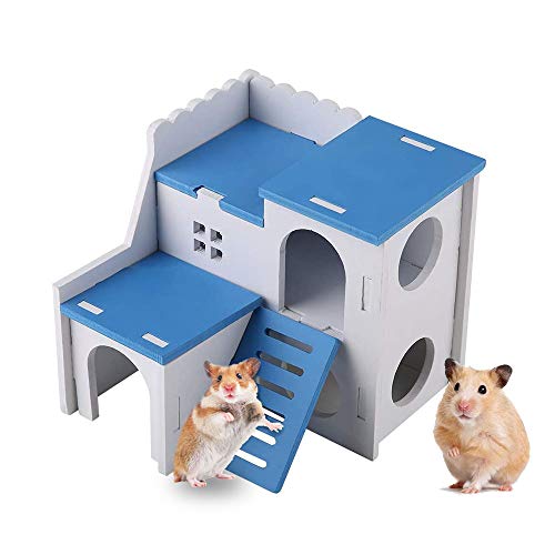 WishLotus Hamsterhaus aus Holz, Kleintierversteck Hamsterhaus mit lustiger Kletterleiter, Übungsspielzeug, luxuriös, zweilagig, Hütte für Zwerghamster, Chinchilla, Ratten, Rennmäuse, Maus (blau) von WishLotus