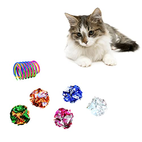 WishLotus Katzenspielzeug, 9 Packungen, buntes Katzenfederspielzeug, 4 Stück und Knisterbälle, 5 Stück, hochelastische Spiralfedern und knackige Faltenbälle für Katzen zum Swaten, Beißen, Jagen (9 von WishLotus