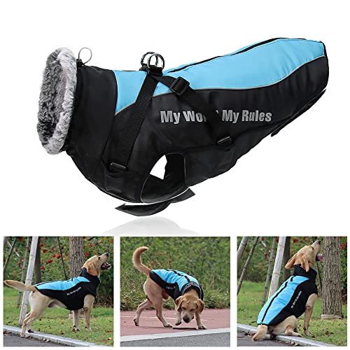 Wasserdichter warmer Hundemantel gepolstert große Hundejacke Winterkleidung Fellkragen Kostüm für kleine mittelgroße und große Hunde Stier Golden Retriever Labrador Deutscher Schäferhund (Blau 3XL) von Wishdeal