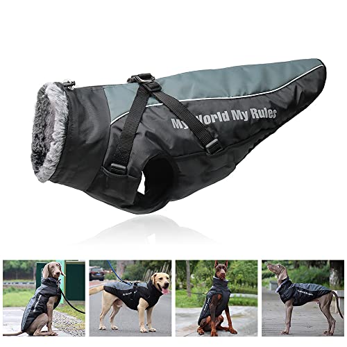 Wasserdichter warmer Hundemantel gepolstert große Hundejacke Winterkleidung Pelzkragen Kostüm für kleine mittelgroße große Hunde Stier Golden Retriever Labrador Deutscher Schäferhund (Grau 4XL) von Wishdeal