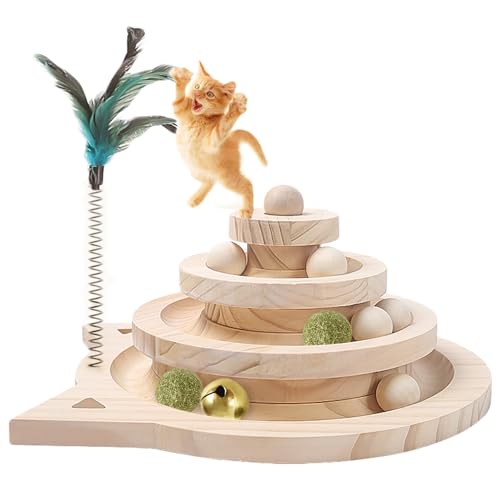 WishesMar Interaktives Katzen Spielzeug aus Holz Katzenspielzeug mit 3 Arten von Bällen Intelligenz-Spielzeug für Kätzchen Körperliche Bewegung Geistig 2-stufiges Kugelturm Spiel Schienen Spielzeug von WishesMar