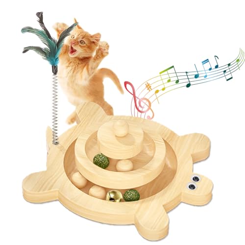 WishesMar Interaktives Katzen Spielzeug aus Holz Katzenspielzeug mit 3 Arten von Bällen Intelligenz-Spielzeug für Kätzchen Körperliche Bewegung Geistig 2-stufiges Kugelturm Spiel Schienen Spielzeug von WishesMar