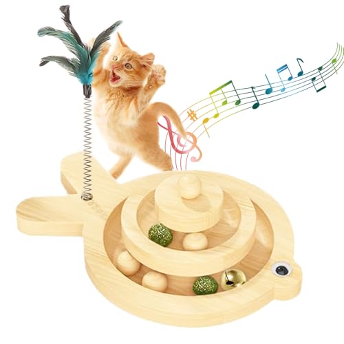 WishesMar Interaktives Katzen Spielzeug aus Holz Katzenspielzeug mit 3 Arten von Bällen Intelligenz-Spielzeug für Kätzchen Körperliche Bewegung Geistig 2-stufiges Kugelturm Spiel Schienen Spielzeug von WishesMar