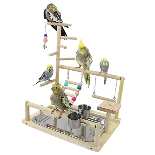 WishesMar Wellensittich Spielplatz Vogel-Spielplatz mit Feeder-Cup Spielzeug Leiter Erklimmen Schaukel und Tablett für Nymphensittich Papageien Wellensittiche, Holz, Größe 45x37x23 cm #B von WishesMar