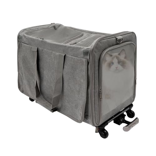 Haustier Transportbox Hundetrolley Reisetasche mit Räder Erweiterbar und Tragbare Katzenbox Hundebox mit Griff für Katze Hunde Haustiere bis 17.5kg (Grau) von Wiyuer