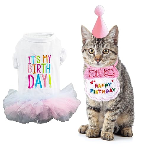 3 Pack Mädchen Hund Geburtstag Tutu Kleid, Rosa Katze Hund Geburtstag Bandana Schal und Party Hut Kleine Hund Geburtstag Outfits Katze Geburtstag Party Supplies (Klein, Rosa) von Wiz BBQT