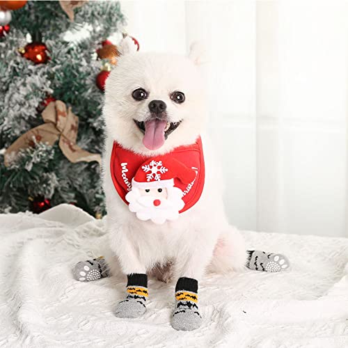 4 Stück rutschfeste Weihnachts-Hundesocken für kleine, mittelgroße Hunde und Katzen + Weihnachts-Hunde- und Katzen-Bandana-Lätzchen (graue Fledermaus, klein) von Wiz BBQT