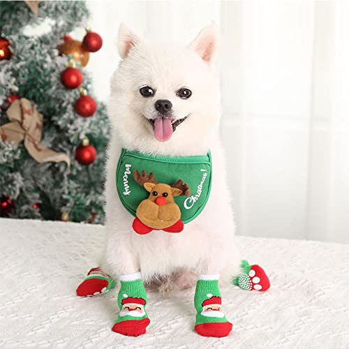 4 Stück rutschfeste Weihnachts-Hundesocken für kleine, mittelgroße Hunde und Katzen + Weihnachts-Hunde- und Katzen-Bandana-Lätzchen (grüner Weihnachtsmann, groß) von Wiz BBQT