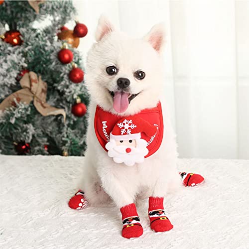 4 Stück rutschfeste Weihnachts-Hundesocken für kleine, mittelgroße Hunde und Katzen + Weihnachts-Hunde- und Katzen-Bandana-Lätzchen (roter Weihnachtsmann, klein) von Wiz BBQT