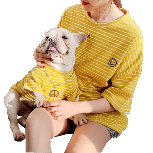 Hunde-Shirts für kleine Hunde, 100 % Baumwolle, gestreifte französische Bulldogge, passende Hunde- und Besitzerkleidung separat erhältlich (Gelb, Besitzer-S) von Wiz BBQT