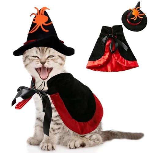 Halloween-Katzenkostüm, Hundeumhang mit Hexenhut, Katze Kapuzenumhang Hexe Zauberer-Kostüm für Katzen und kleine Hunde (A) von Wiz BBQT