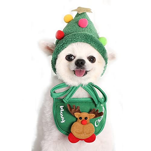 Hund Katze Weihnachtsbaum Hut Xmas Haustier Kopfbedeckung Grün Weihnachtsmann Hut Verstellbare Halsbänder Halloween Weihnachten Kostüm Set Party Zubehör Set (groß, grün) von Wiz BBQT