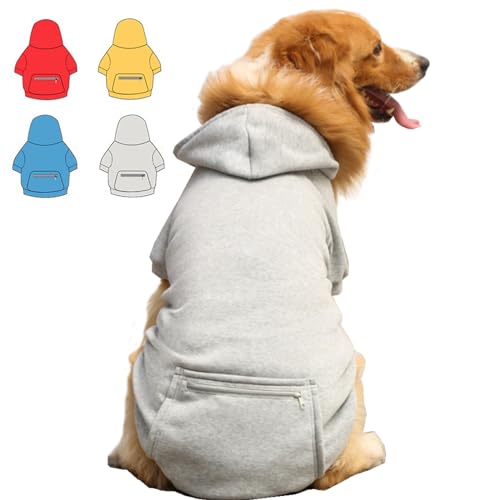 Hunde-Kapuzenpullover für kleine, mittelgroße und große Hunde, Fleece-Hoodie für Hunde mit Reißverschlusstasche, Herbst-Winter-Hunde-Sweatshirt für alle Hundegrößen (4XL, Grau) von Wiz BBQT