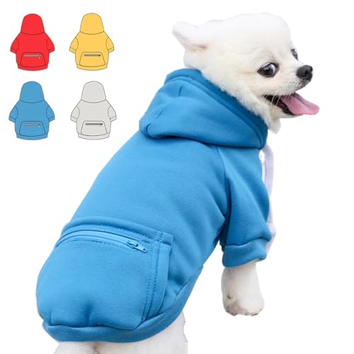 Hunde-Kapuzenpullover für kleine, mittelgroße und große Hunde, Fleece-Hoodie für Hunde mit Reißverschlusstasche, Herbst-Winter-Hunde-Sweatshirt für alle Hundegrößen (L, Blau) von Wiz BBQT