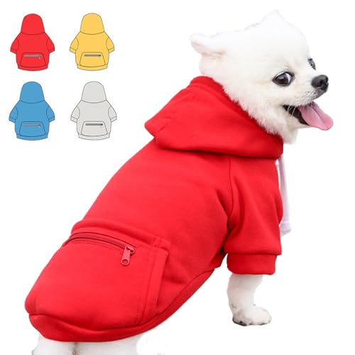 Hunde-Kapuzenpullover für kleine, mittelgroße und große Hunde, Fleece-Hoodie für Hunde mit Reißverschlusstasche, Herbst-Winter-Hunde-Sweatshirt für alle Hundegrößen (S, Rot) von Wiz BBQT