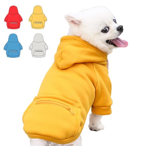 Hunde-Kapuzenpullover für kleine, mittelgroße und große Hunde, Fleece-Hoodie für Hunde mit Reißverschlusstasche, Herbst/Winter, Hunde-Sweatshirts für alle Größen (XS, Gelb) von Wiz BBQT