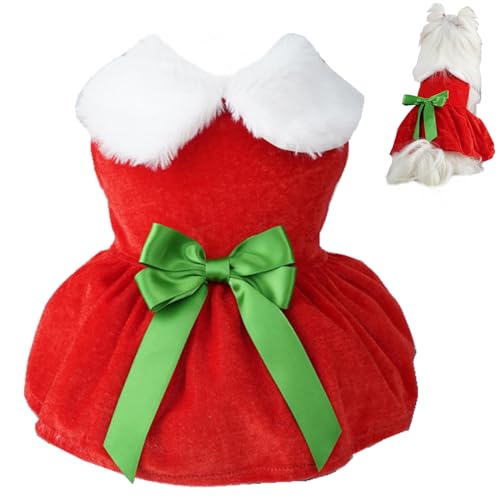 Hunde-Weihnachtsoutfit,Hundekleidung für kleine bis mittelgroße Hunde Mädchen, Urlaubsthema Hundekleid Weihnachten Hundekostüm, Weihnachtsmann-Hundekleidung, Samtrock, Katzenbekleidung, Rot (Schleife, von Wiz BBQT