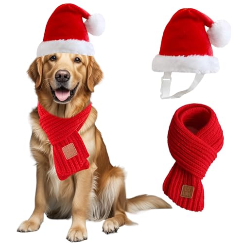 Wiz BBQT Weihnachtsmütze und Schal für Hunde, groß, rot, Plüsch/Acryl, klassisch, Uni, Winter, bequem und warm, 3D-Design, Hundezubehör, Weihnachten, 55+ Pfund, große Rassen von Wiz BBQT