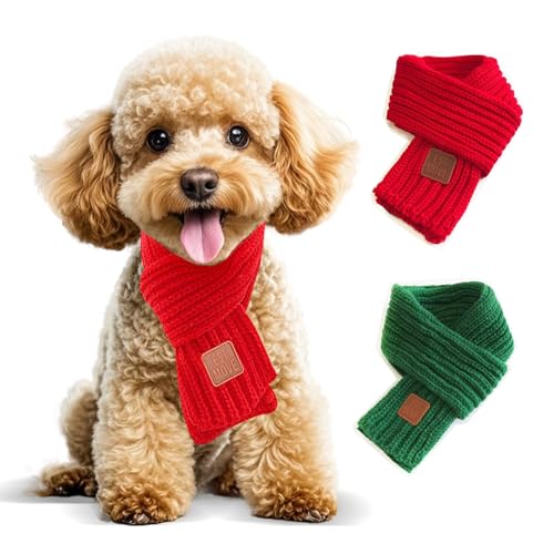 Weihnachtstücher für kleine, mittelgroße und große Hunde und Katzen, 2 Stück, Grün / Rot, warmer Hundeschal, gestrickt, für Herbst und Winter, Weihnachtsdekoration, Weihnachtsschal (Weihnachtsschal, von Wiz BBQT