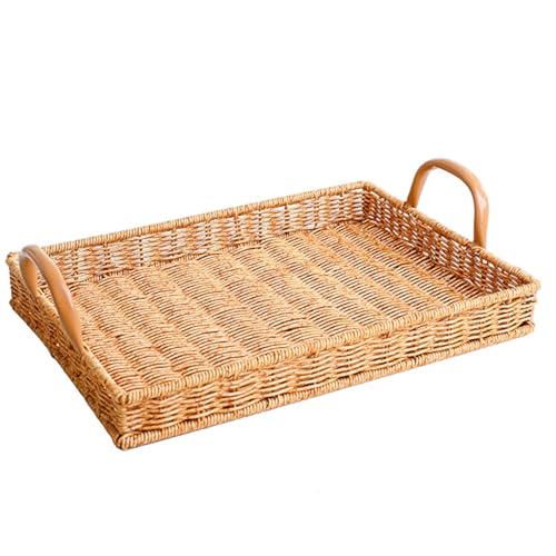 Wizoowip Zartes Brot-Serviertablett im japanischen Stil, Küchen-Organizer, Rattan, geflochten, mit Griffen, ausgehöhlte Drainage, stabil, Glatte Kante, für Zuhause, Obst, Snack, Tee L von Wizoowip