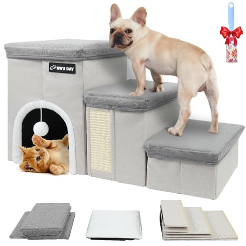 Hundetreppe für Bett oder Couch für kleine, mittelgroße oder große Hunde und Katzen, faltbare Haustiertreppe mit Katzenhaus und Kratzbrett, Hundetreppe für Hochbett mit Stauraum, rutschfeste von Wn's Day